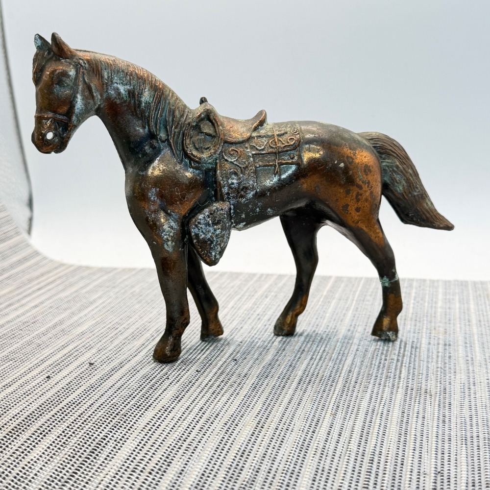 Vintage Cast Metal Saddled Horse Statue Western Figurine Verdigris Patina 5.5in